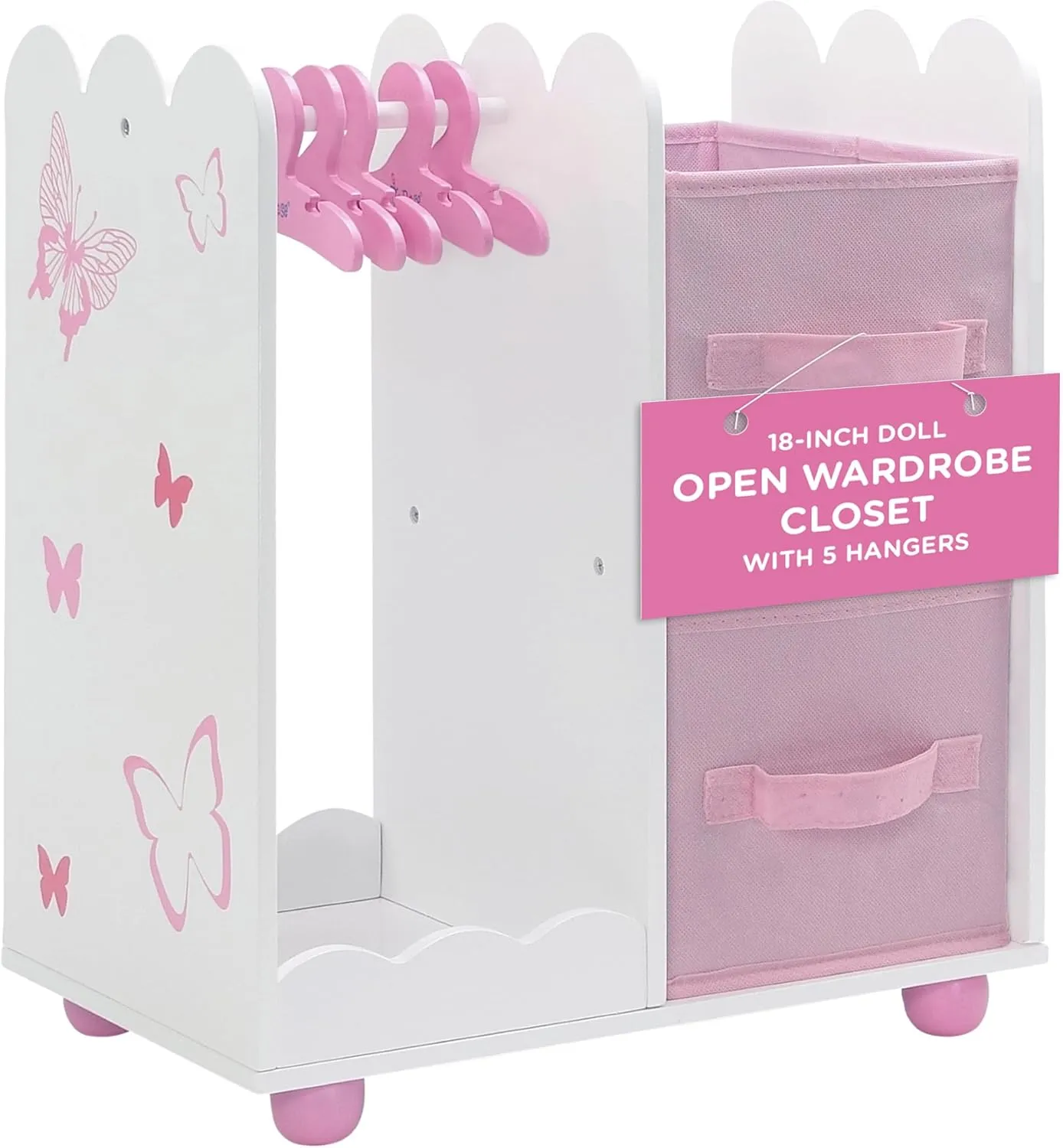 Emily Rose 18 inch Doll Clothes Wooden Open Bedroom Closet with 5 Clothing Hangers & 2 Large Storage Bins | 18" Doll & Small Pet Clothes Furniture Wardrobe - Accessories Toy Playset - Butterfly