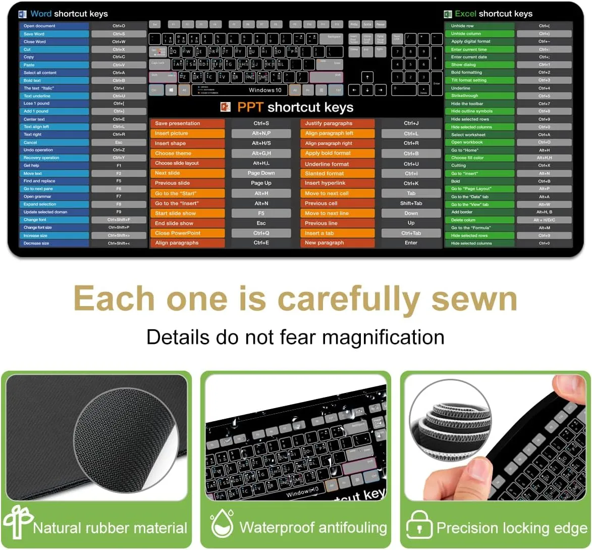 Excel/Word/PPT/Cheat Sheet Desk pad, Windows Large Gaming Office pc Mouse pad,Keyboard Shortcuts Mouse pad,Non-Slip Waterproof Desk mat,XL 31.4 x 11.8 in (TS1021)