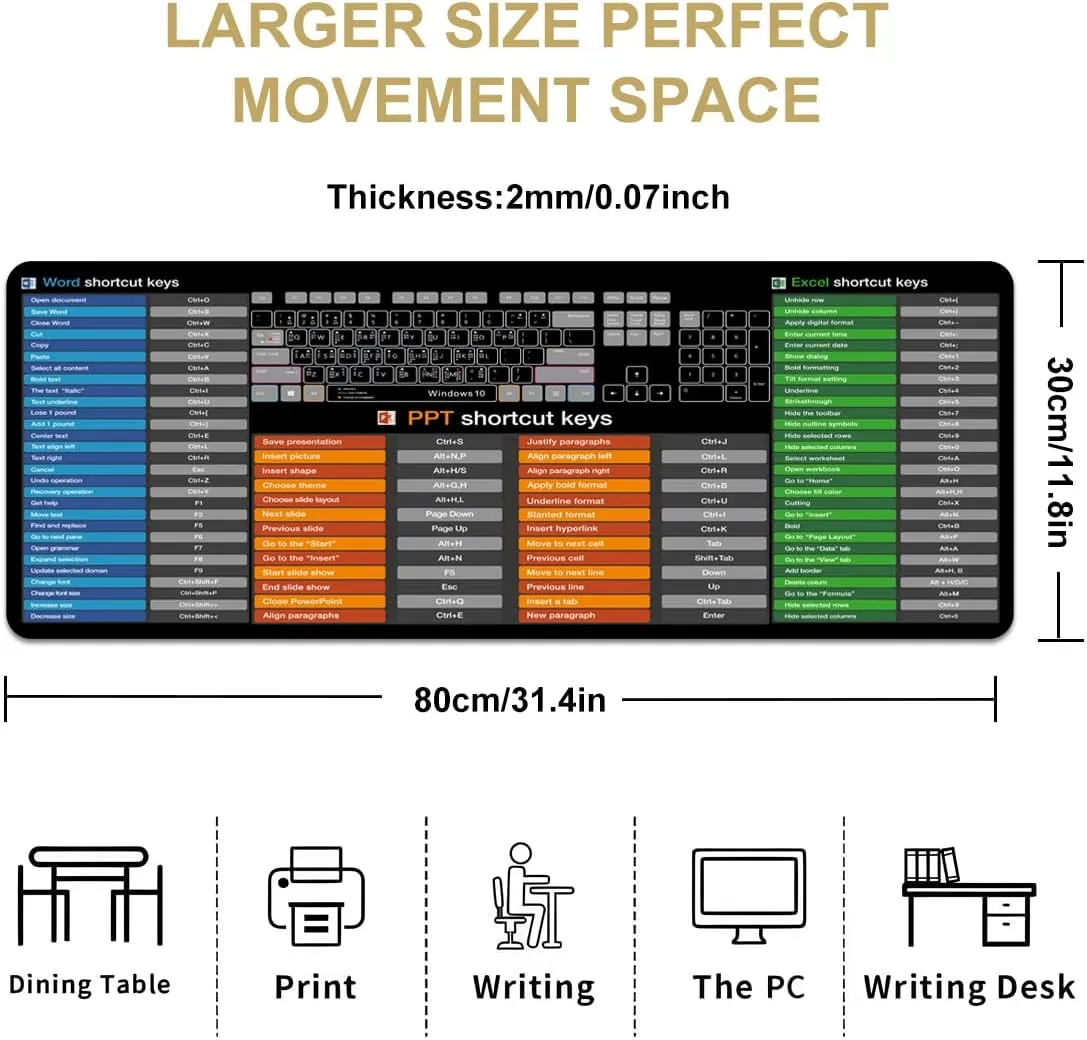 Excel/Word/PPT/Cheat Sheet Desk pad, Windows Large Gaming Office pc Mouse pad,Keyboard Shortcuts Mouse pad,Non-Slip Waterproof Desk mat,XL 31.4 x 11.8 in (TS1021)