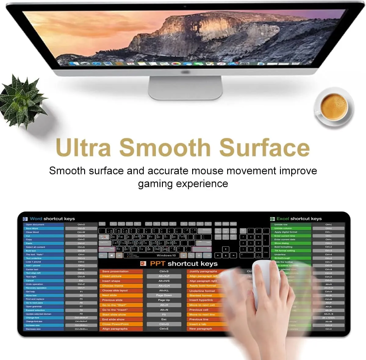 Excel/Word/PPT/Cheat Sheet Desk pad, Windows Large Gaming Office pc Mouse pad,Keyboard Shortcuts Mouse pad,Non-Slip Waterproof Desk mat,XL 31.4 x 11.8 in (TS1021)