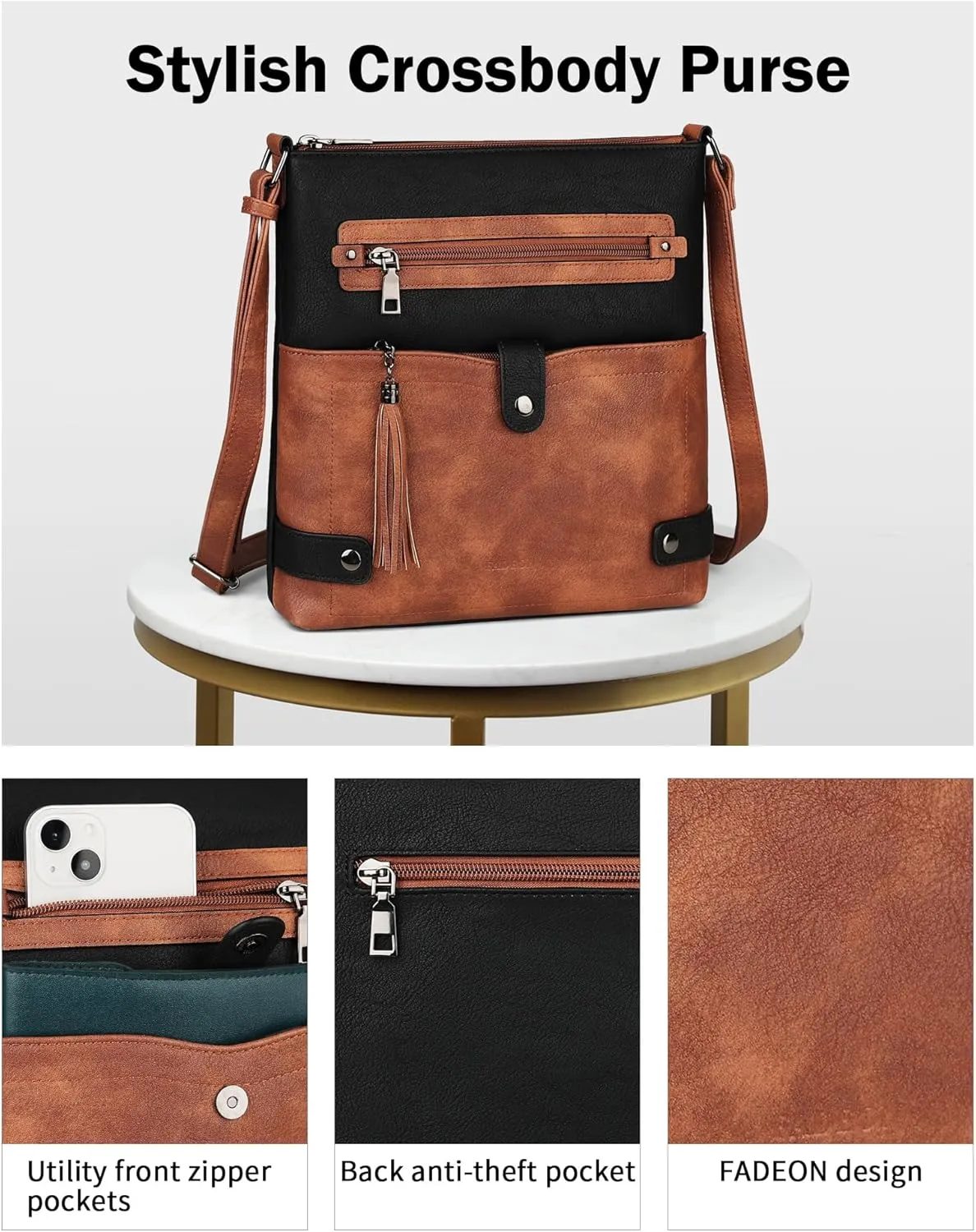 FADEON Crossbody Purses for Women Crossbody Bag, Designer Multi Pockets Shoulder Travel Purses with Tassel