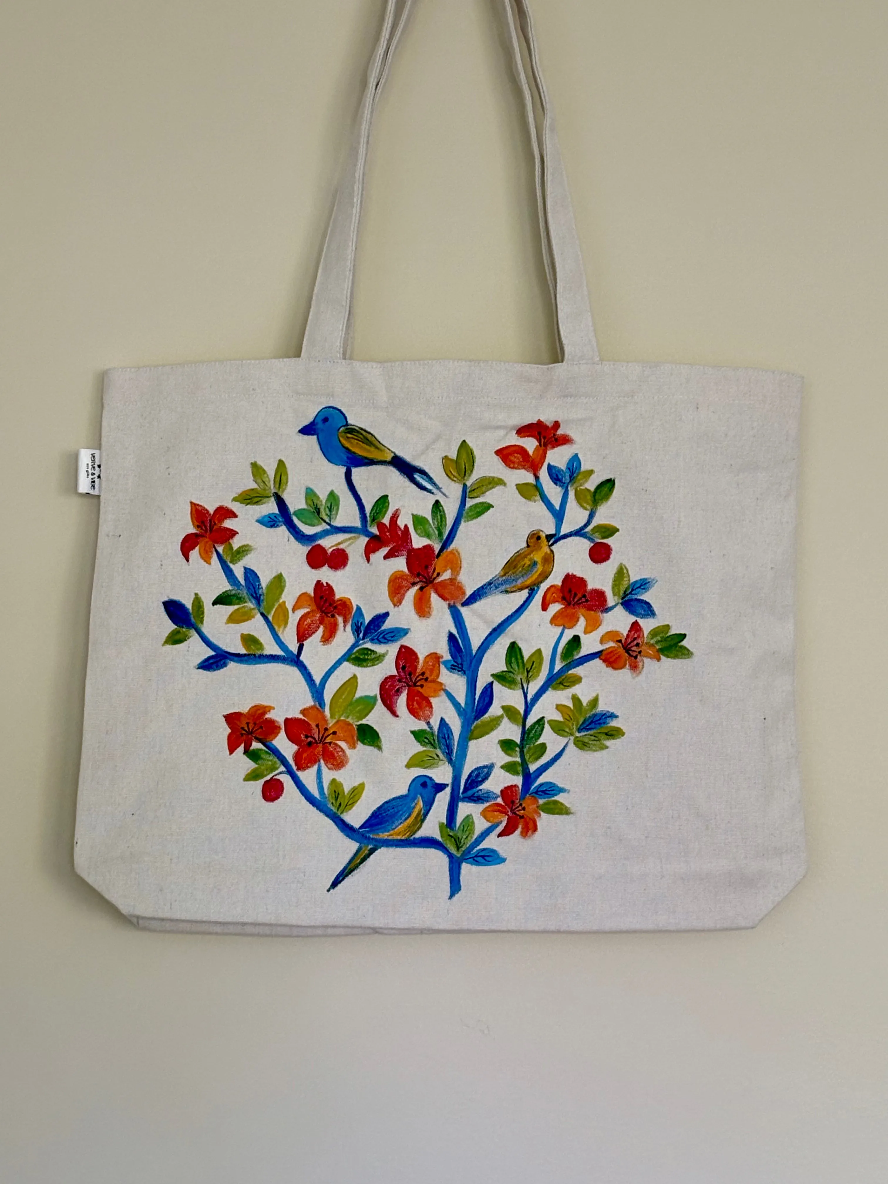 Fairy Wrens on Red Flowers - Hand Painted, Canvas Tote Bag