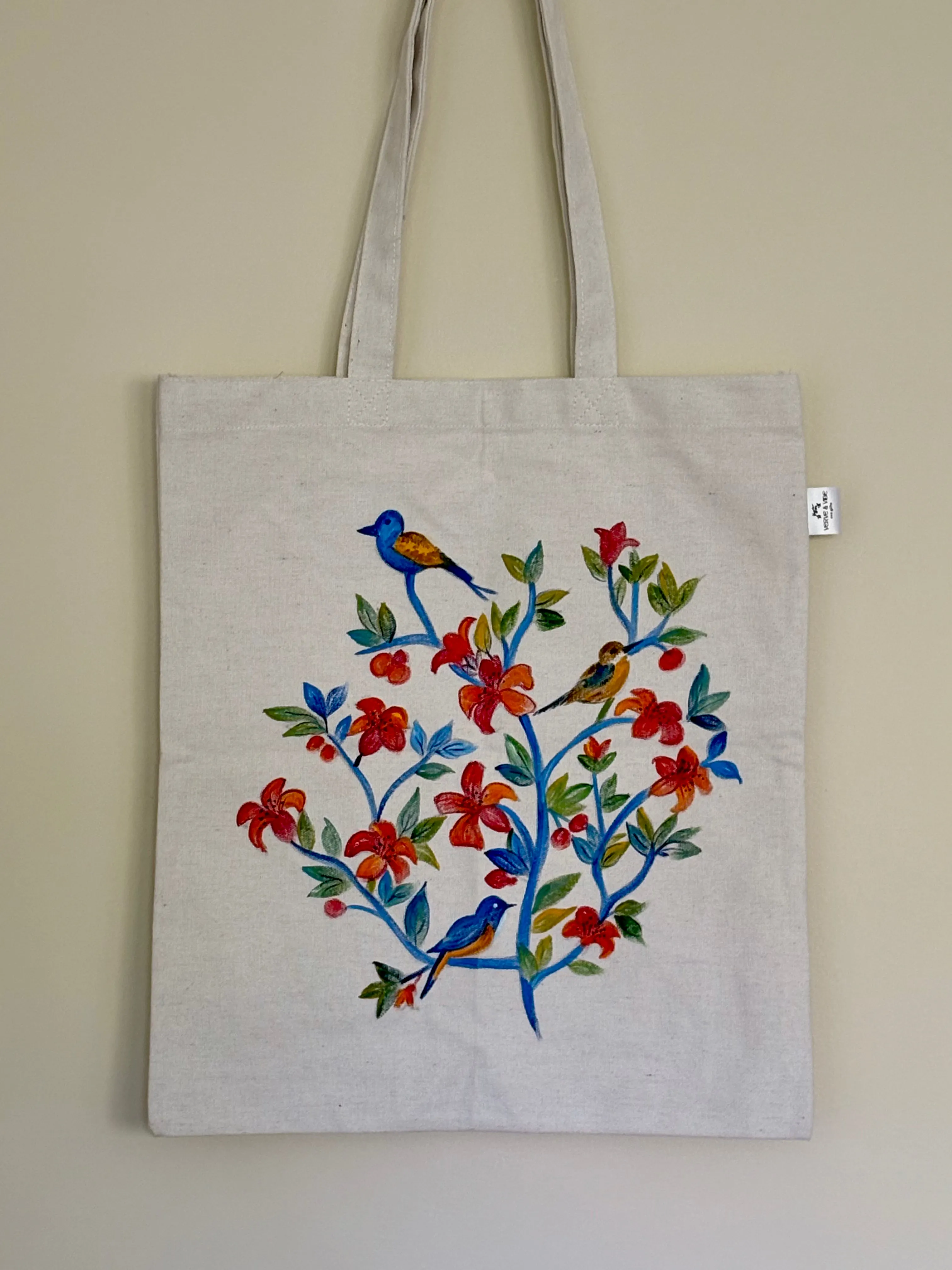 Fairy Wrens on Red Flowers - Hand Painted, Canvas Tote Bag