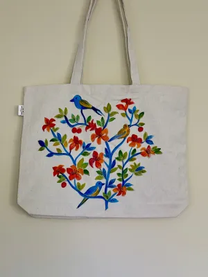 Fairy Wrens on Red Flowers - Hand Painted, Canvas Tote Bag