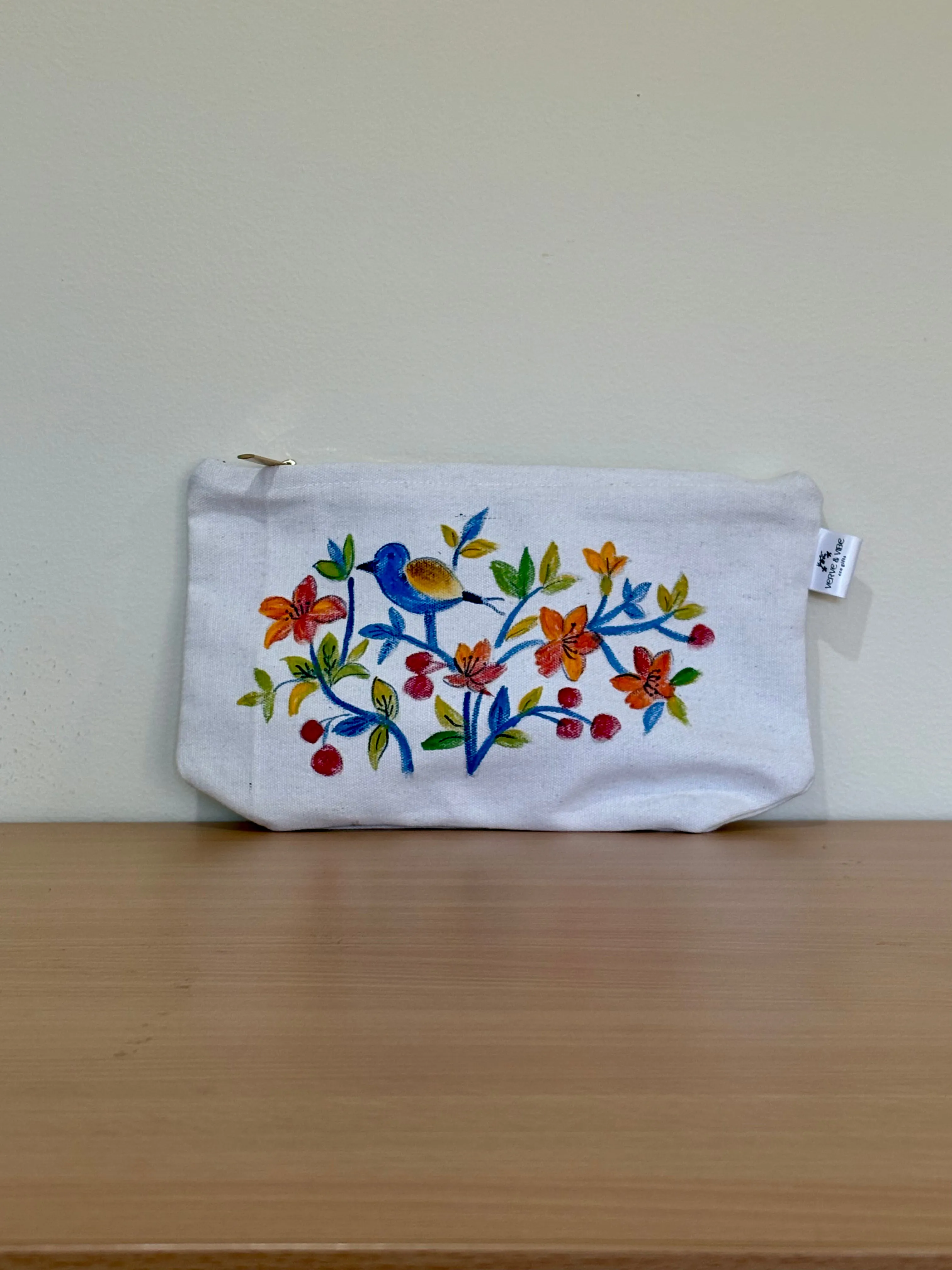 Fairy Wrens on Red Flowers - Hand Painted, Canvas Tote Bag