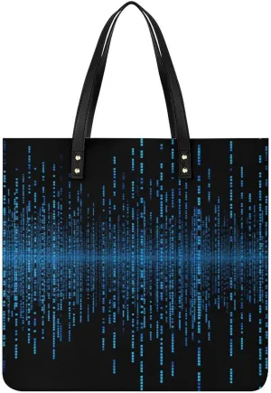 Faux Leather Hangbag for Women,Blue Binary Matrix Print Tote Bags,Leather Big Purses And Handbags for Work Dating Travel Shopping