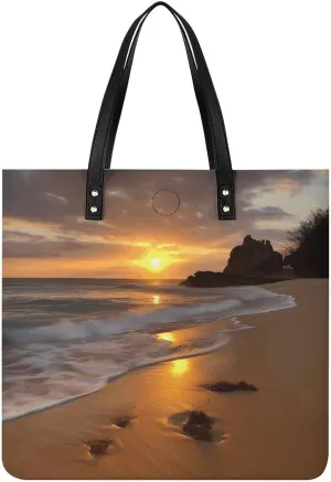 Faux Leather Hangbag for Women,Sunrise Beach Print Tote Bags,Leather Big Purses And Handbags for Work Dating Travel Shopping