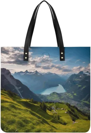 Faux Leather Hangbag for Women,Switzerland Alps Print Tote Bags,Leather Big Purses And Handbags for Work Dating Travel Shopping