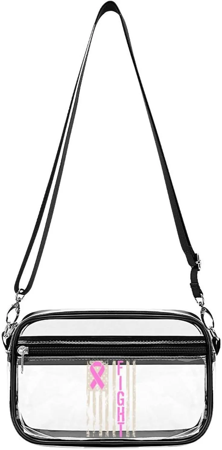 Fight Breast Cancer Awareness U.S. Flag Clear Purse Stadium Crossbody Bags for Women and Men Adjustable Shoulder Handbags