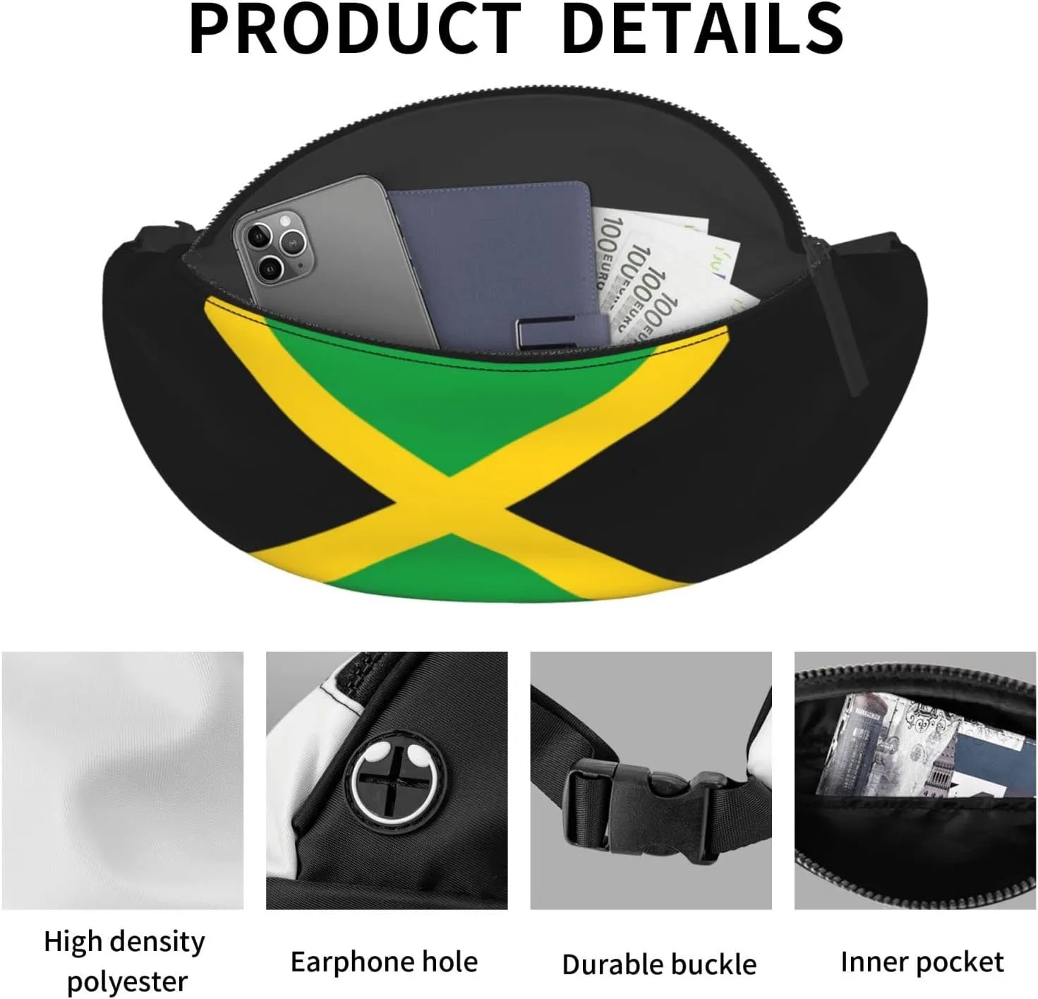 Flag of Jamaica Fanny Pack Crossbody Waist Bag Pack for Men Women. Belt Bag for Travel Walking Running Hiking Fishing.