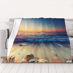 Flannel Throw Blanket, Soft Anti-Pilling Travel Blanket for Bed, Couch, Camping, Sunset Beach Shore Blankets for Sofa Home Decor, Lightweight, Comfy, Machine Washable, 40x30 Inch