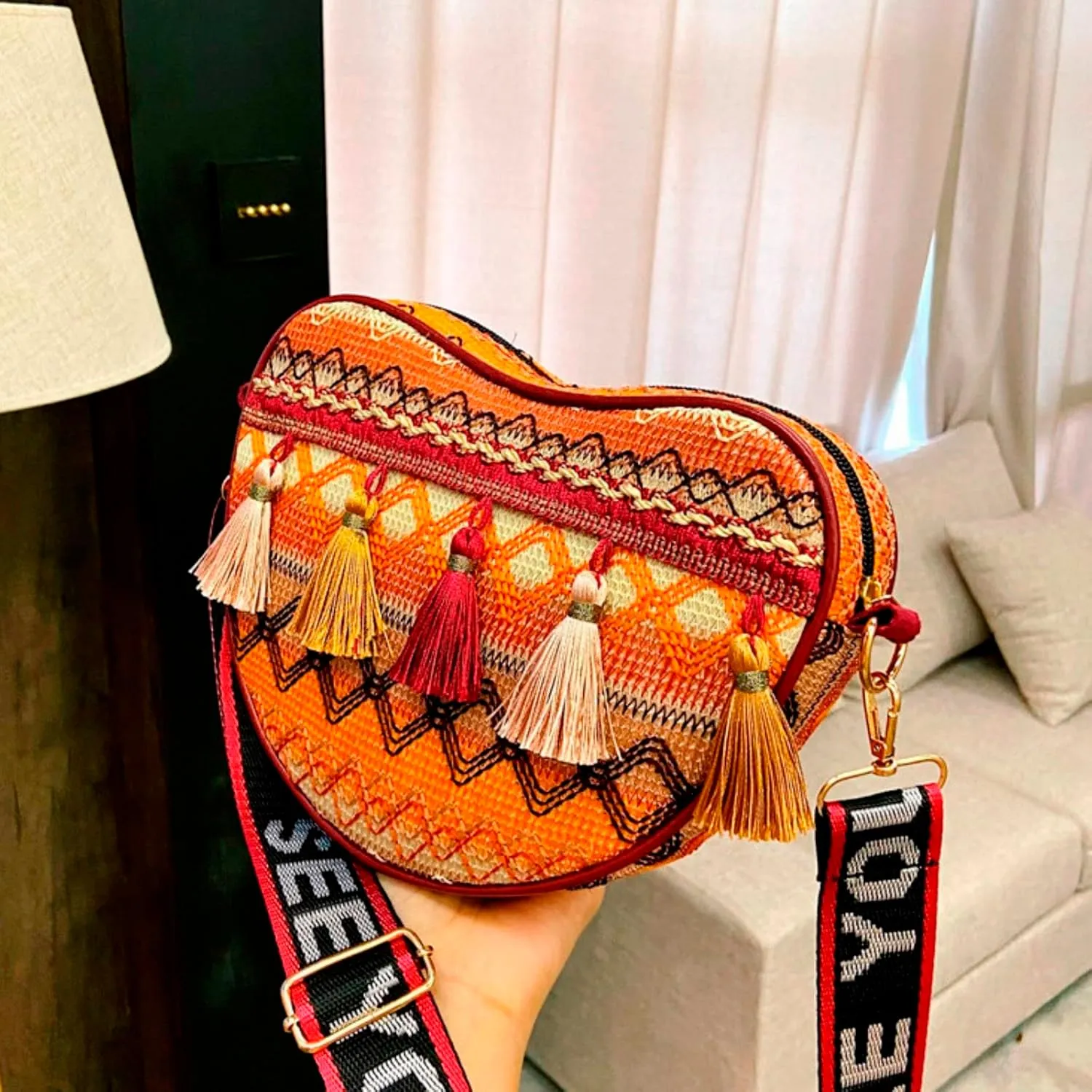 Flower Embroidered Women Handbag Bohemian Peach Heart Tassel Bag Women's Colorful Ethnic Women One (Yellow, One Size)
