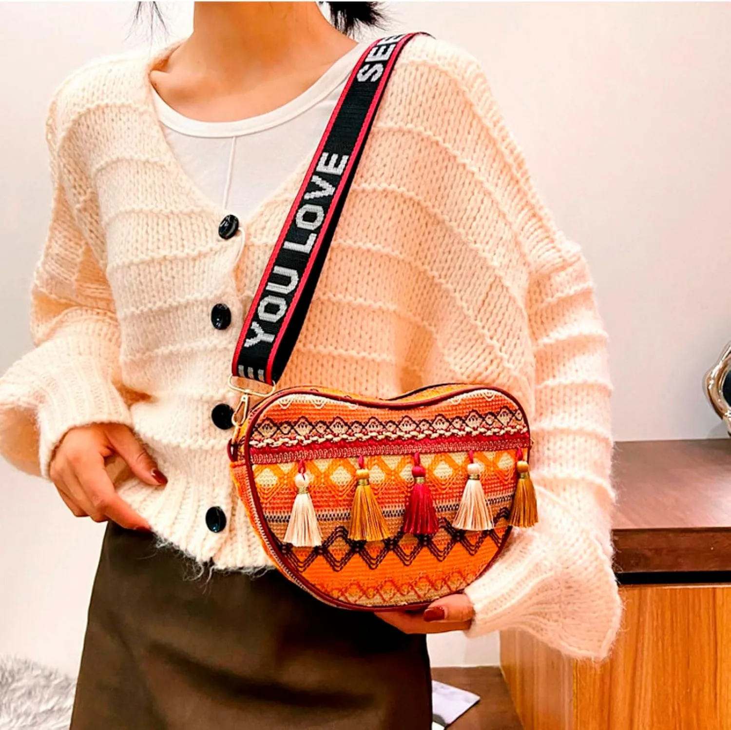 Flower Embroidered Women Handbag Bohemian Peach Heart Tassel Bag Women's Colorful Ethnic Women One (Yellow, One Size)