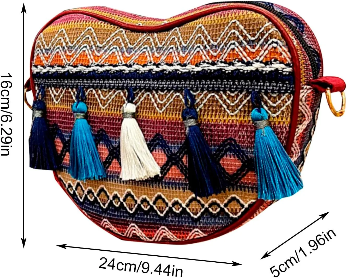 Flower Embroidered Women Handbag Bohemian Peach Heart Tassel Bag Women's Colorful Ethnic Women One (Yellow, One Size)