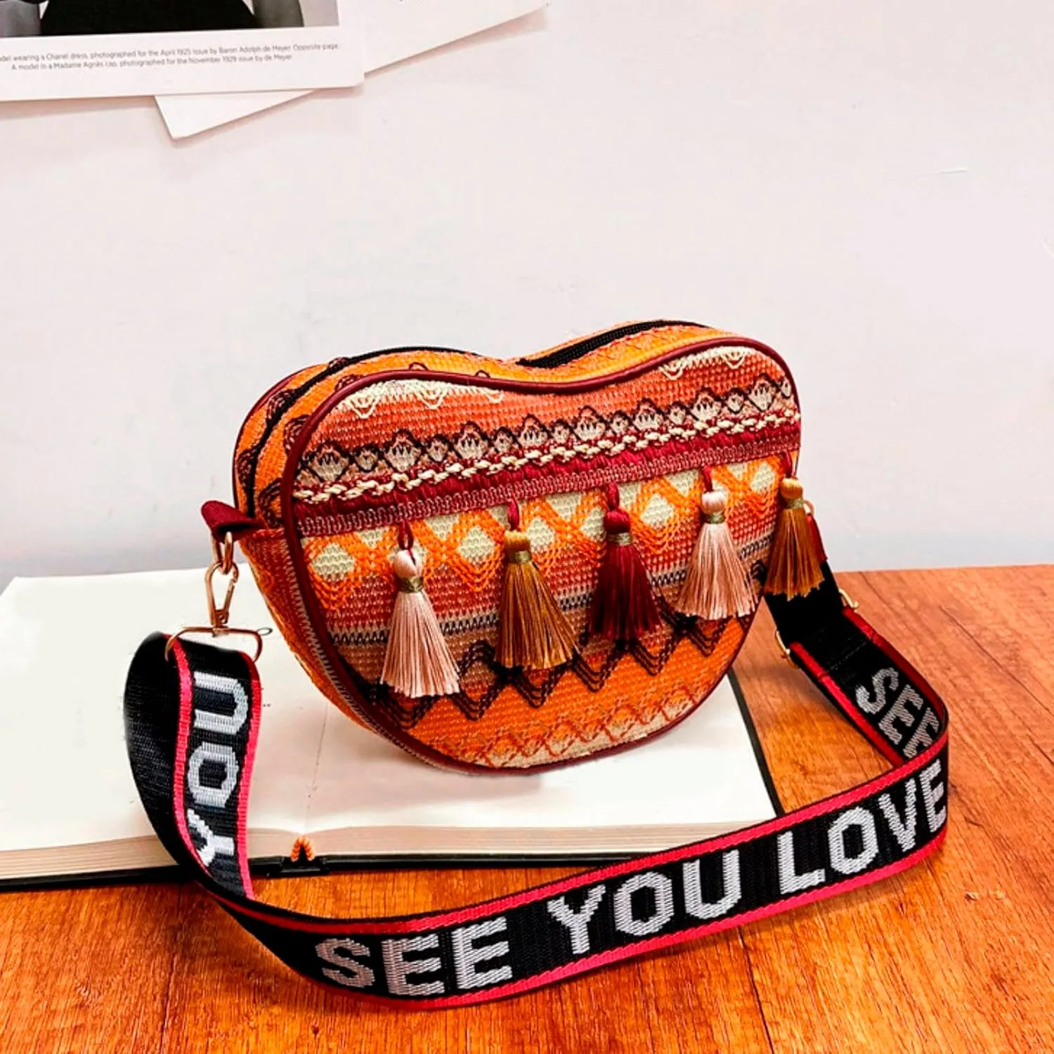 Flower Embroidered Women Handbag Bohemian Peach Heart Tassel Bag Women's Colorful Ethnic Women One (Yellow, One Size)