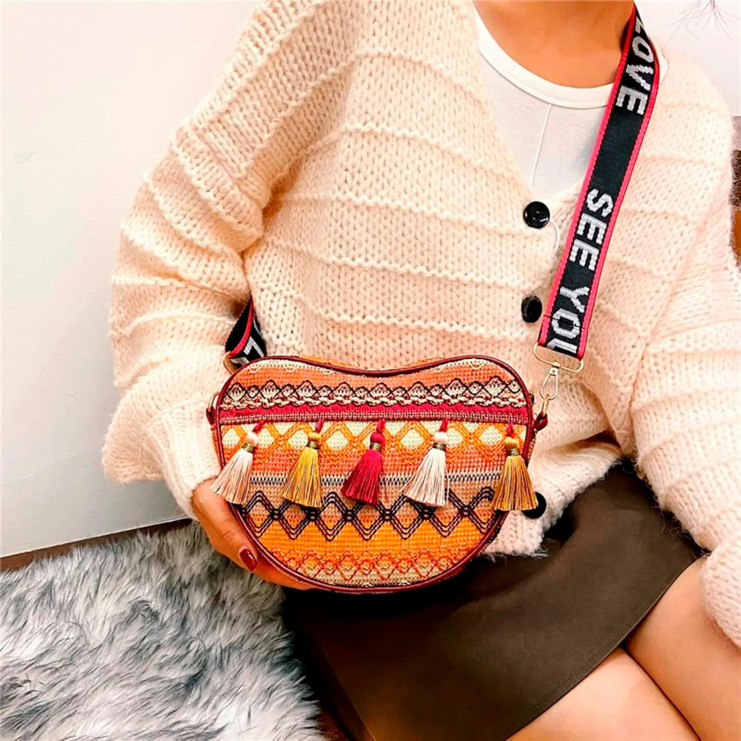 Flower Embroidered Women Handbag Bohemian Peach Heart Tassel Bag Women's Colorful Ethnic Women One (Yellow, One Size)