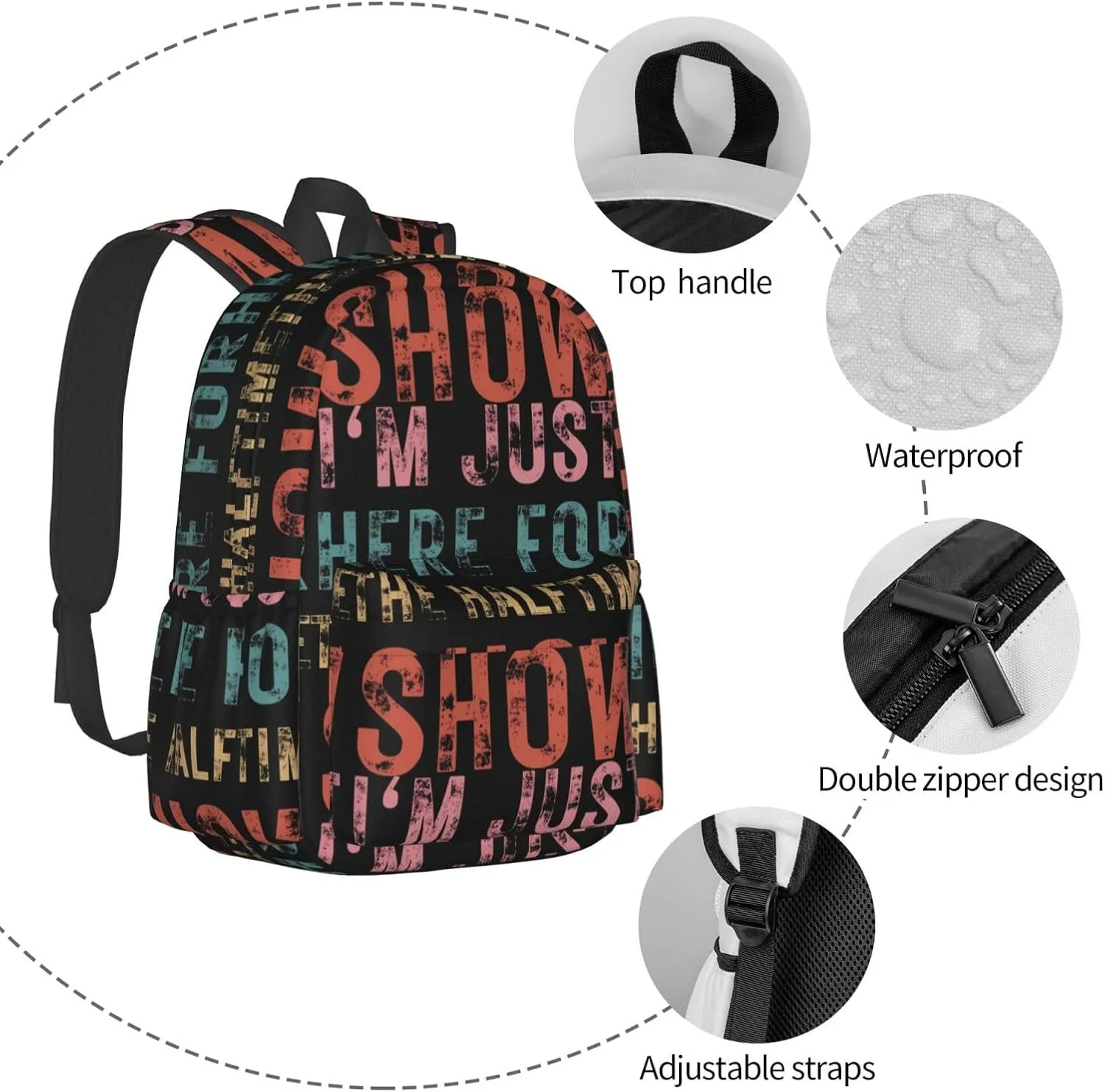 Football I'm Just Here For The Halftime Show Backpack Casual Laptop Backpack Large Capacity Double Shoulder Bag Travel Daypack For Women Men