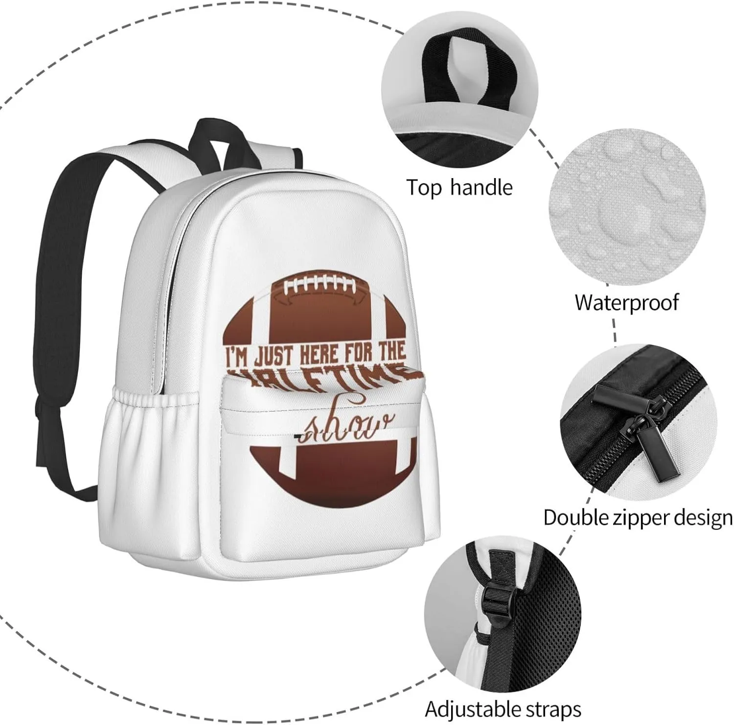 Football I'm Just Here For The Halftime Show Backpack Casual Laptop Backpack Large Capacity Double Shoulder Bag Travel Daypack For Women Men