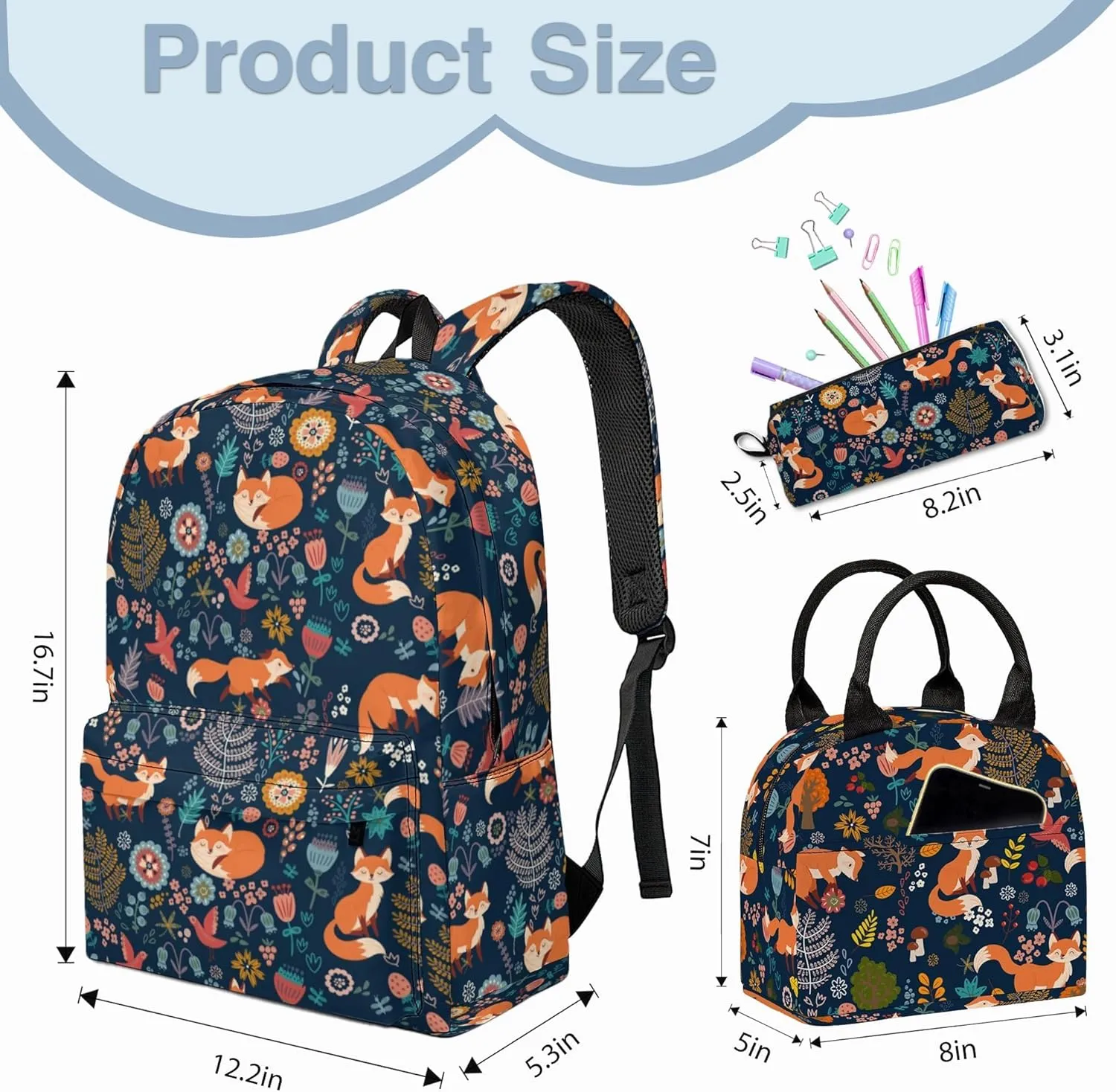 Fox Printed Backpack Set, 3 Piece Backpack Set with Lunch Box Pen Box for Boys Girls, High Capacity Bookbag Lunch Bag Pencil Case for Men Women Workplace Travel