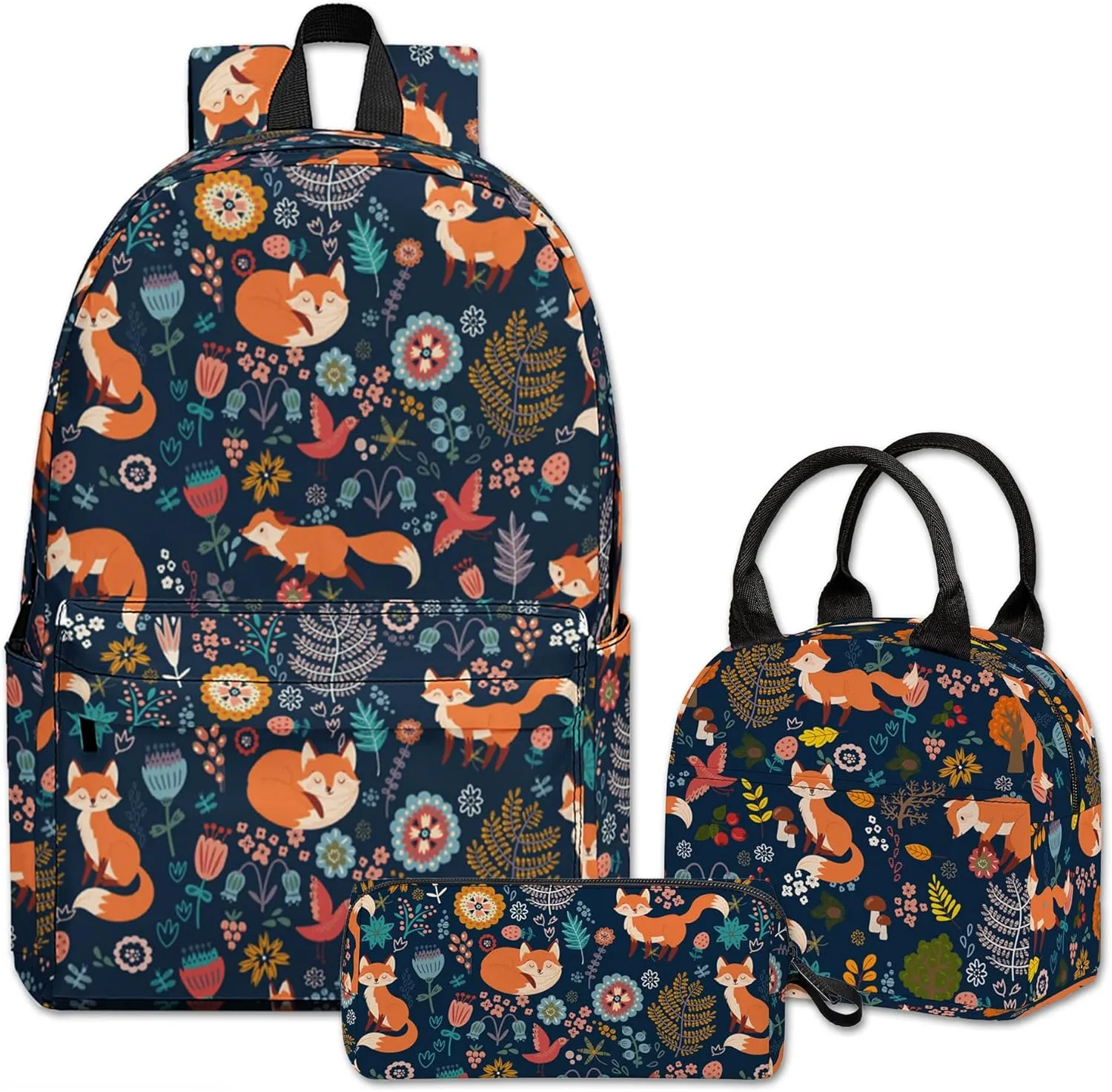 Fox Printed Backpack Set, 3 Piece Backpack Set with Lunch Box Pen Box for Boys Girls, High Capacity Bookbag Lunch Bag Pencil Case for Men Women Workplace Travel