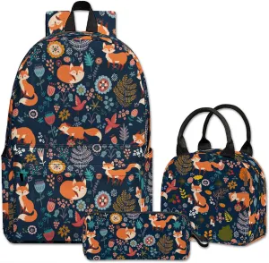 Fox Printed Backpack Set, 3 Piece Backpack Set with Lunch Box Pen Box for Boys Girls, High Capacity Bookbag Lunch Bag Pencil Case for Men Women Workplace Travel