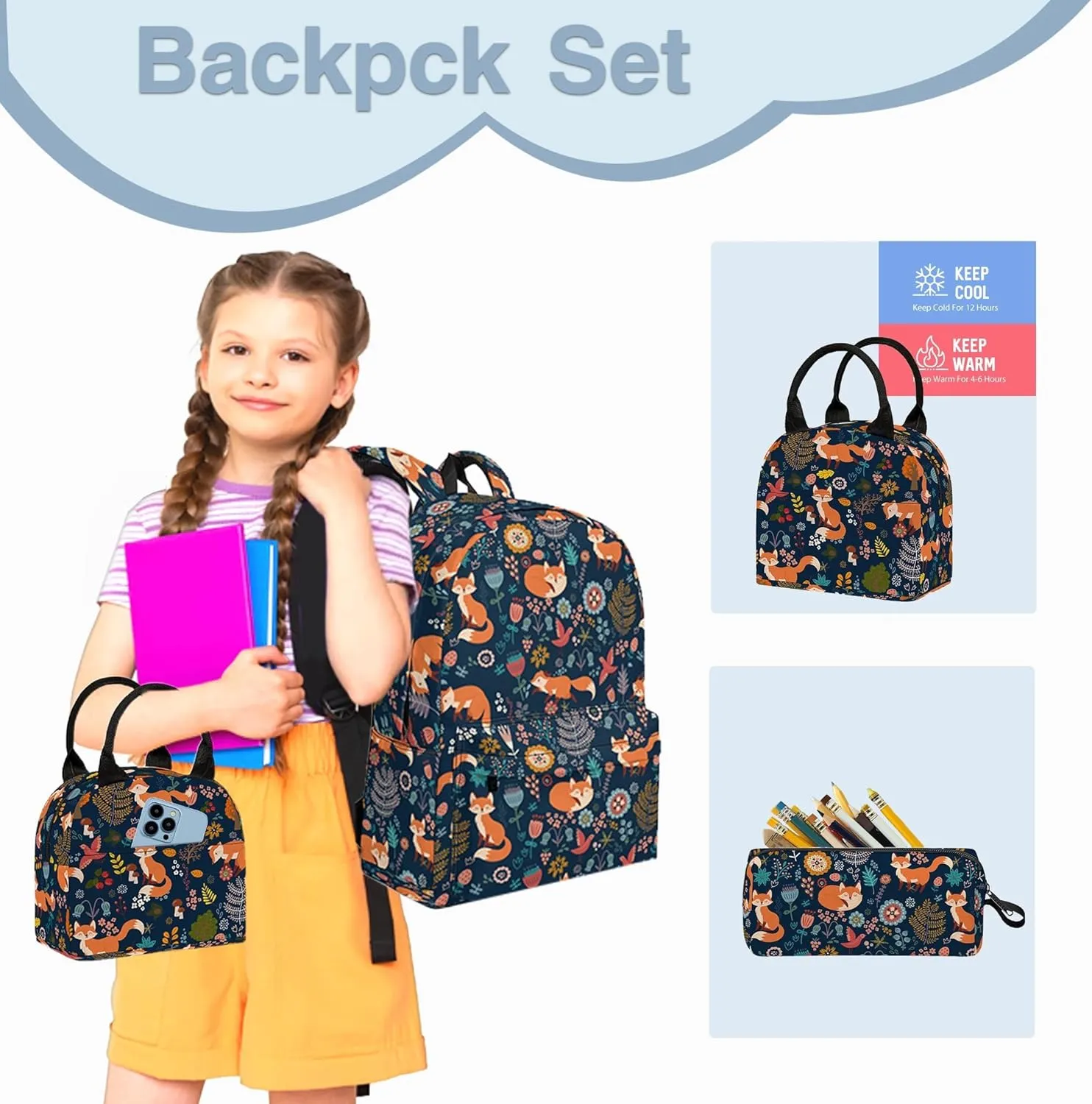 Fox Printed Backpack Set, 3 Piece Backpack Set with Lunch Box Pen Box for Boys Girls, High Capacity Bookbag Lunch Bag Pencil Case for Men Women Workplace Travel