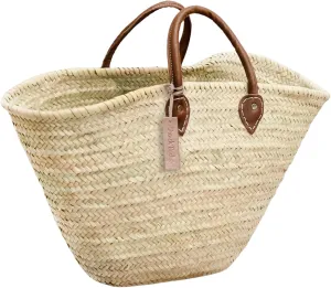 French Straw Market Basket with Leather Handles, Handwoven Palm Tote, Rustic Chic Straw Bag for Summer, Farmers Markets & Home Decor