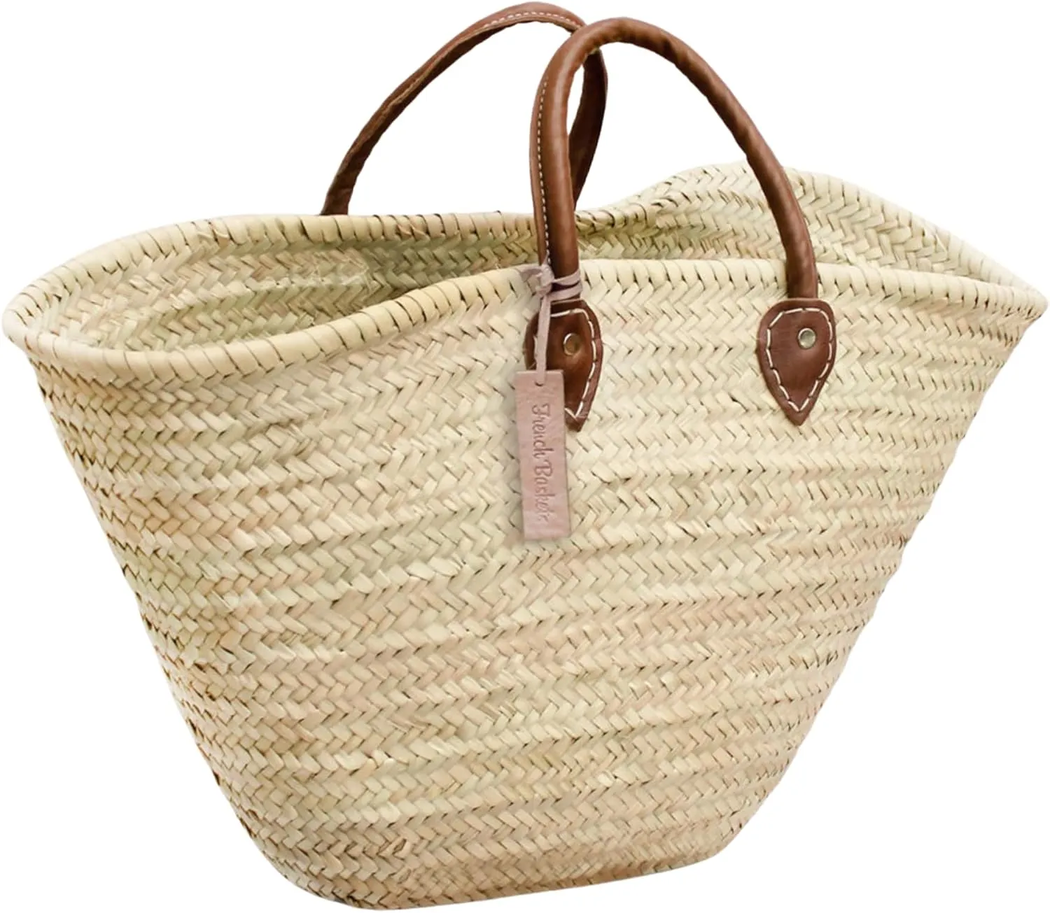 French Straw Market Basket with Leather Handles, Handwoven Palm Tote, Rustic Chic Straw Bag for Summer, Farmers Markets & Home Decor