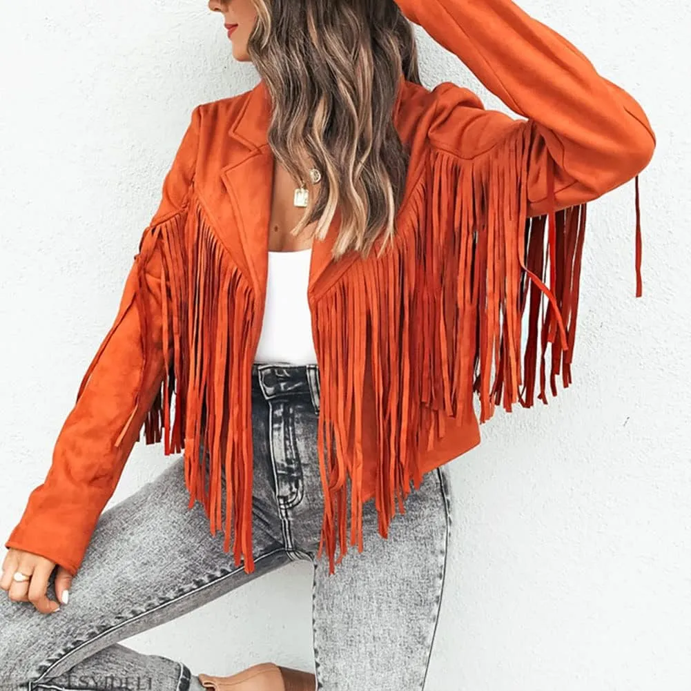 Fringe Faux Suede Leather Jackets for Women Tassel Motorcycle Moto Biker Short Open Front Tassel Coat