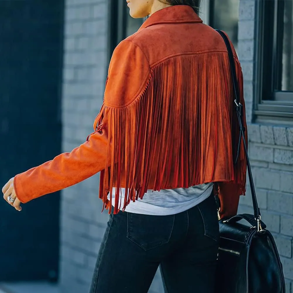 Fringe Faux Suede Leather Jackets for Women Tassel Motorcycle Moto Biker Short Open Front Tassel Coat