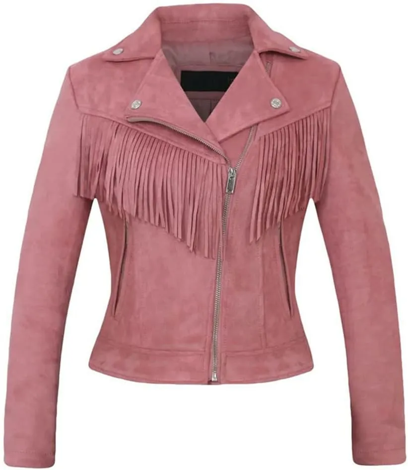 Fringe Faux Suede Leather Jackets for Women Tassel Motorcycle Moto Biker Short Open Front Tassel Coat