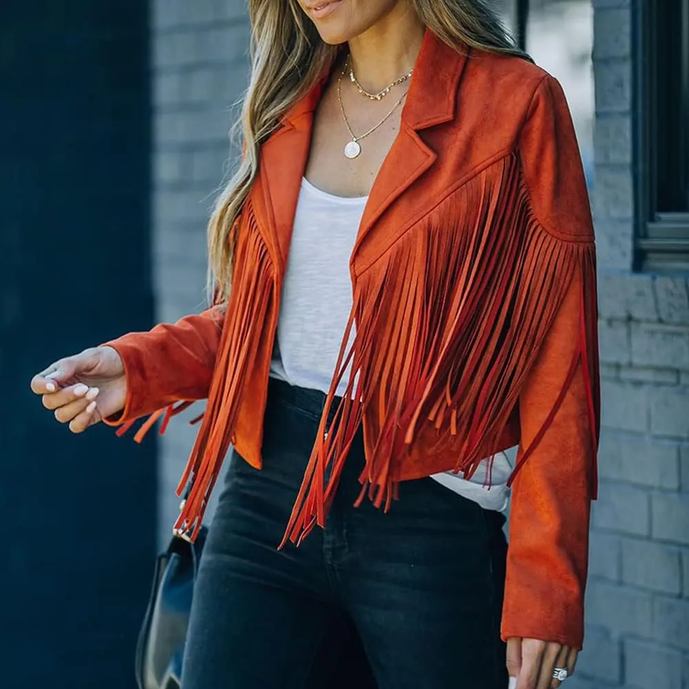 Fringe Faux Suede Leather Jackets for Women Tassel Motorcycle Moto Biker Short Open Front Tassel Coat