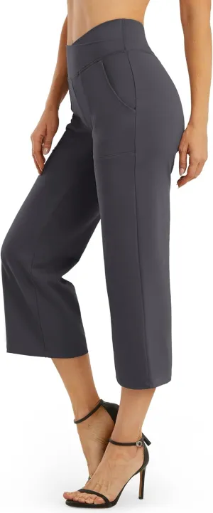 G4Free Capri Pants for Women Wide Leg Yoga Dress Capris with Pockets Cross Loose Casual Work Crop Pants