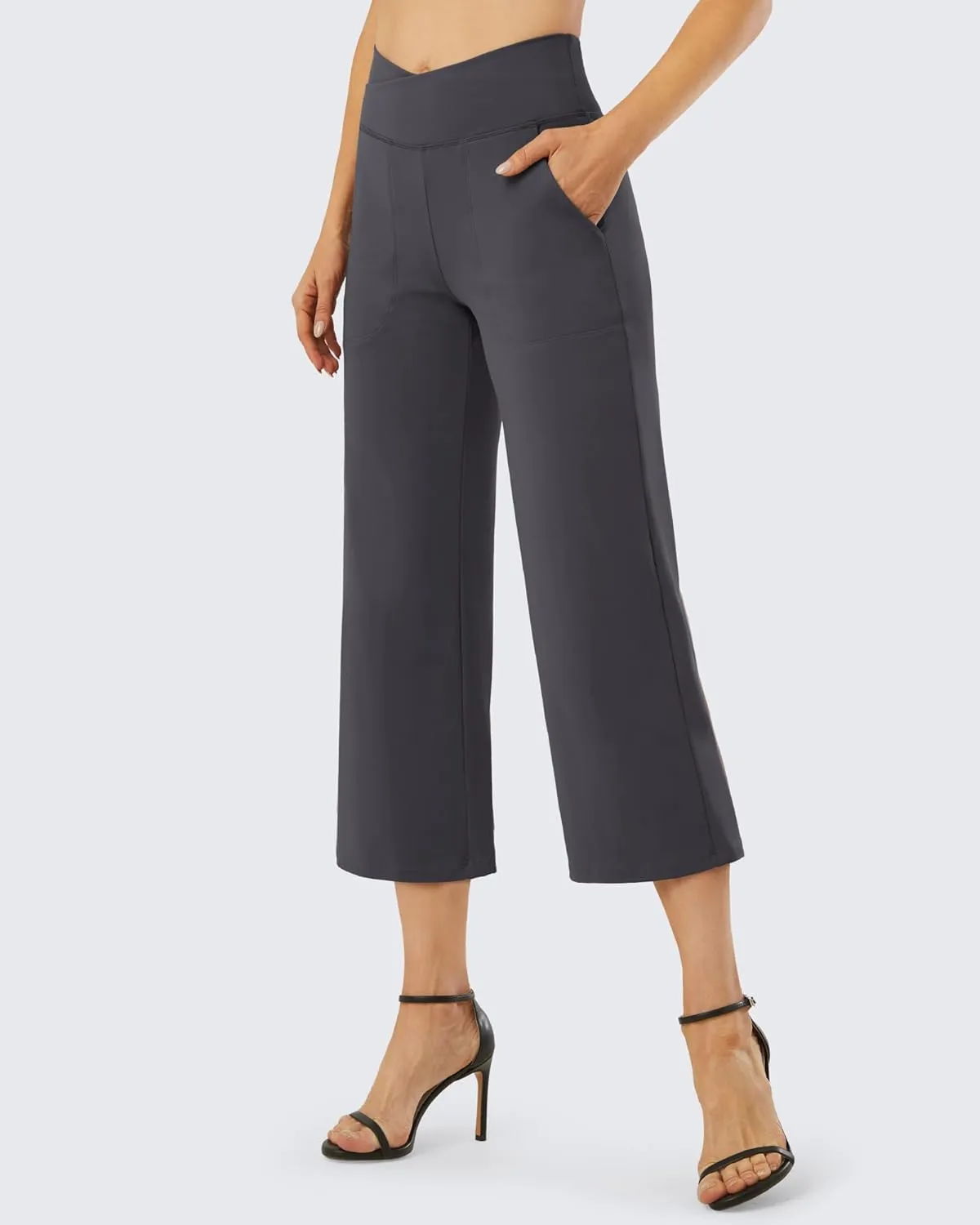 G4Free Capri Pants for Women Wide Leg Yoga Dress Capris with Pockets Cross Loose Casual Work Crop Pants