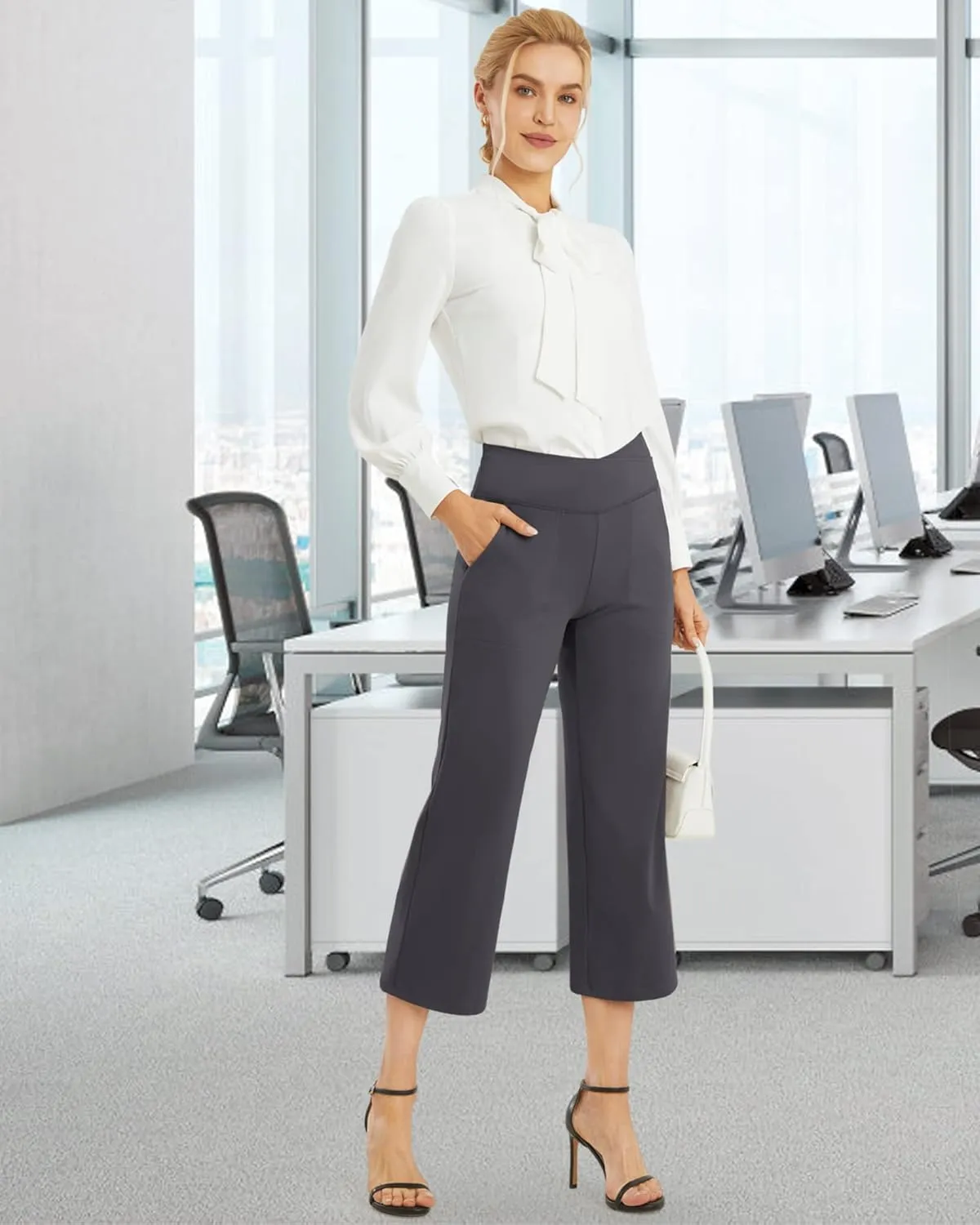 G4Free Capri Pants for Women Wide Leg Yoga Dress Capris with Pockets Cross Loose Casual Work Crop Pants