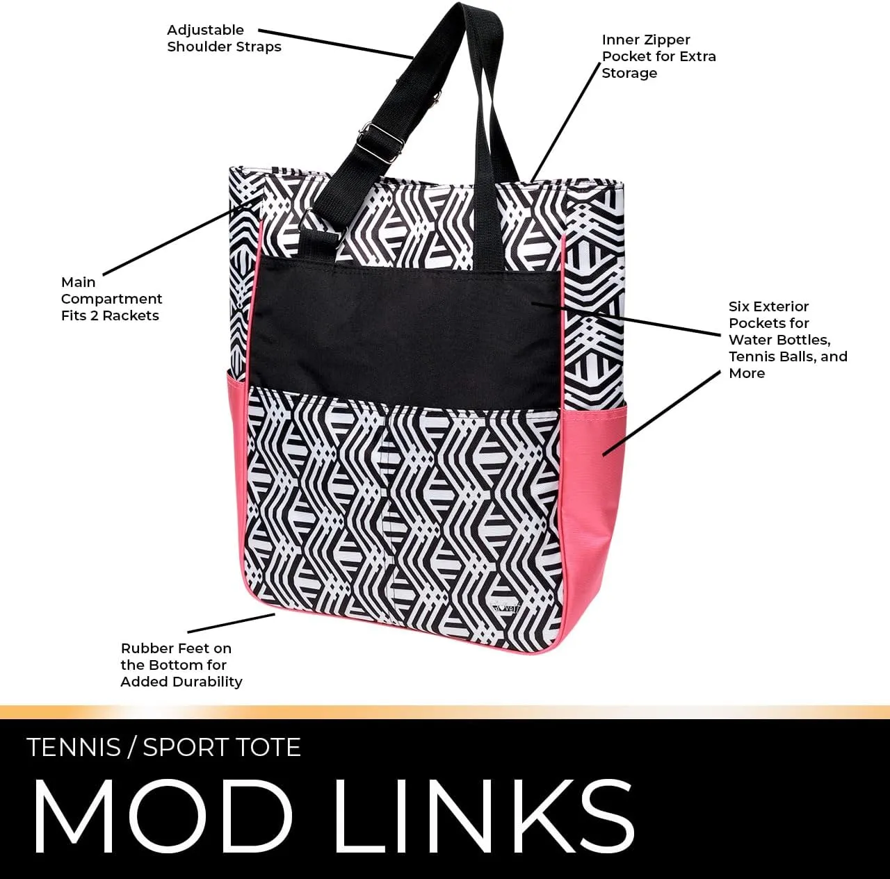 Glove It Tennis Tote Bag, Tennis Bag for Women, Ladies Sports Shoulder Bag, Large Tote with 6 Pockets, fits 2 Rackets.