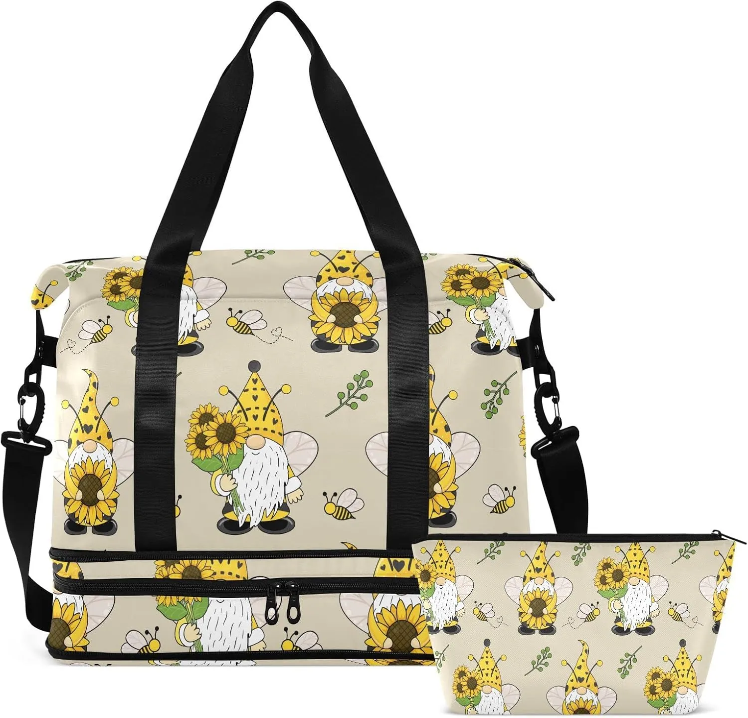 Gnomes Bees Sunflowers Sports Travel Duffel Bag for Men Women Gym Bag with Shoe Compartment & Shoulder Strap Overnight Weekender Bag for Workout Hospital Traveling