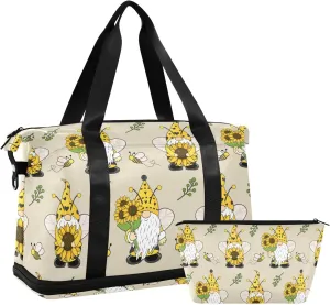 Gnomes Bees Sunflowers Sports Travel Duffel Bag for Men Women Gym Bag with Shoe Compartment & Shoulder Strap Overnight Weekender Bag for Workout Hospital Traveling