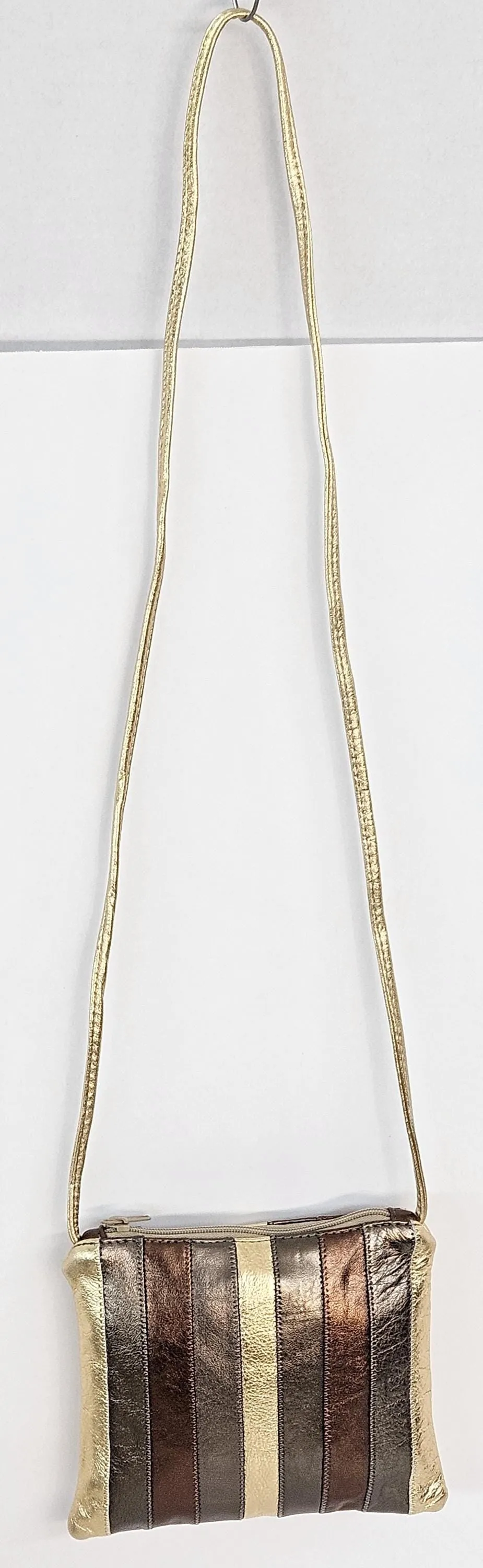 Gold with pewter bronze metallic Zigzag stich Crossbody Handbag #TR3302gpbm-ZA, Purses,Universal Use Genuine Leather.   Made in USA.