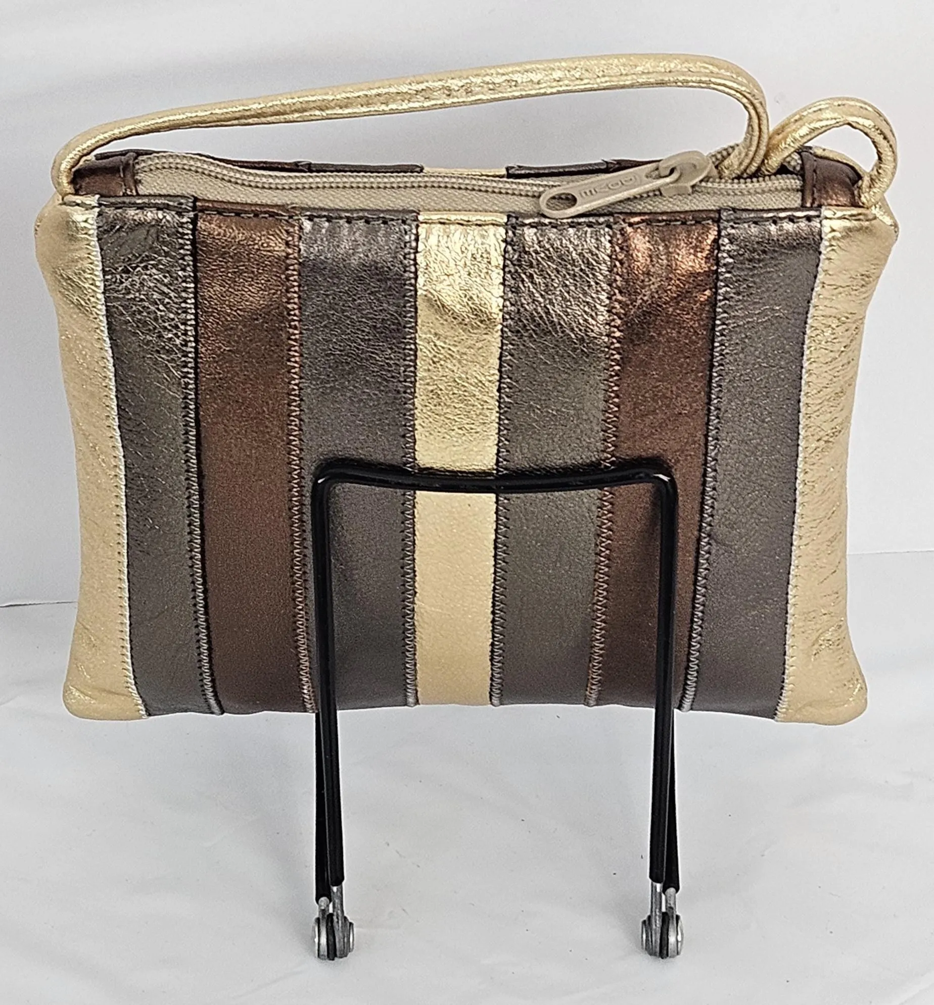 Gold with pewter bronze metallic Zigzag stich Crossbody Handbag #TR3302gpbm-ZA, Purses,Universal Use Genuine Leather.   Made in USA.