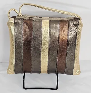 Gold with pewter bronze metallic Zigzag stich Crossbody Handbag #TR3302gpbm-ZA, Purses,Universal Use Genuine Leather.   Made in USA.