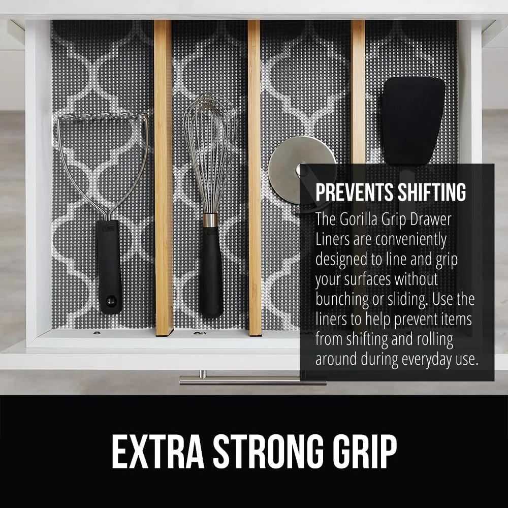 GORILLA GRIP powerGRIP Drawer Shelf and Cabinet Liner, Thick Strong Hold, Non-Adhesive Liners Protect Kitchen Cabinets and Cupboard, Bathroom Drawers, Easy Install, Breathable Mat, 12" x10' Quatrefoil