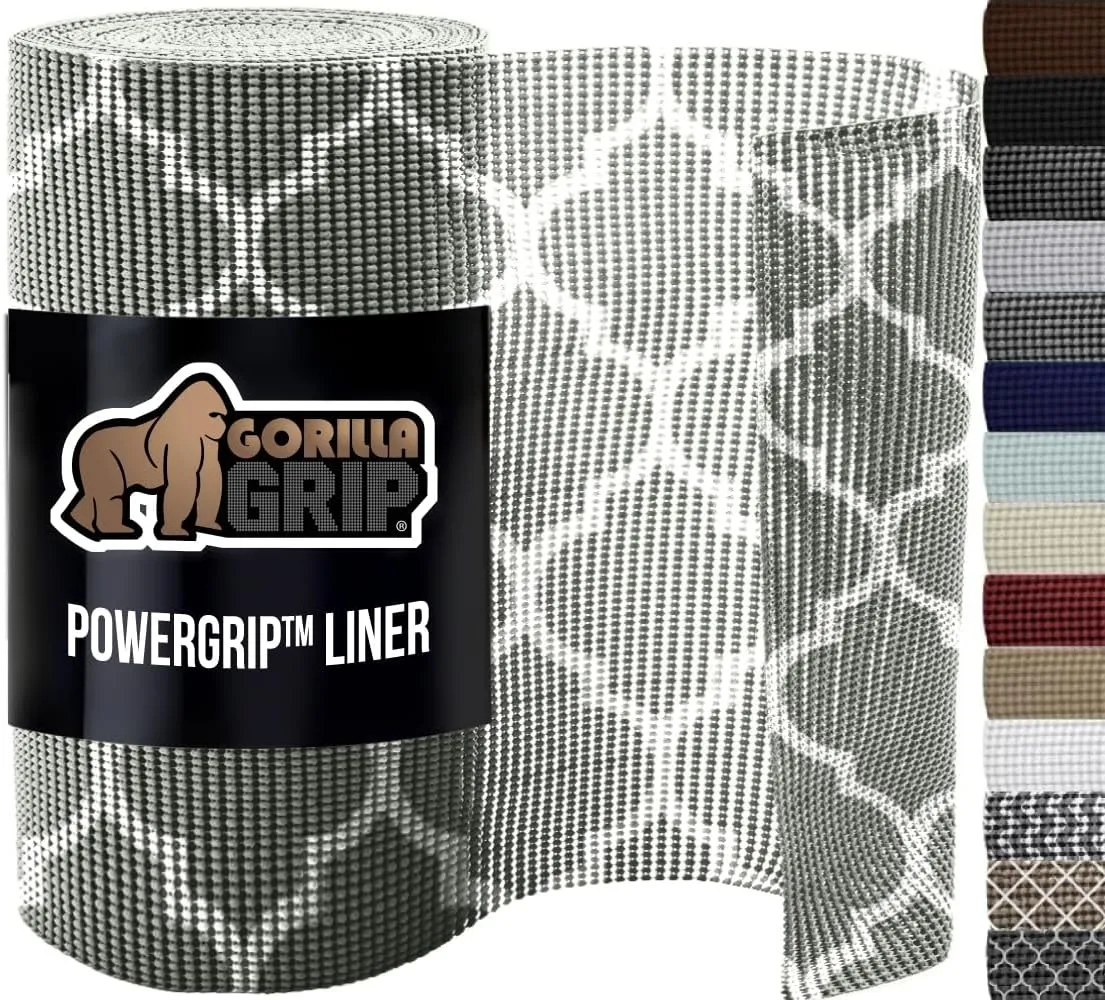 GORILLA GRIP powerGRIP Drawer Shelf and Cabinet Liner, Thick Strong Hold, Non-Adhesive Liners Protect Kitchen Cabinets and Cupboard, Bathroom Drawers, Easy Install, Breathable Mat, 12" x10' Quatrefoil