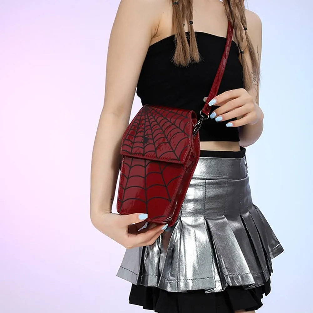 Gothic Leather Bag Coffin Shape Spider Web Crossbody Bag Female Punk Handbag Adjustable Strap Shoulder Bag Halloween Purses