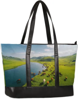 Grassland Cattle Scenery Large Tote Bags Women Handbags with Zipper, Laptop Tote Bag Shopper Shoulder Bag Handbag, Gifts for Women