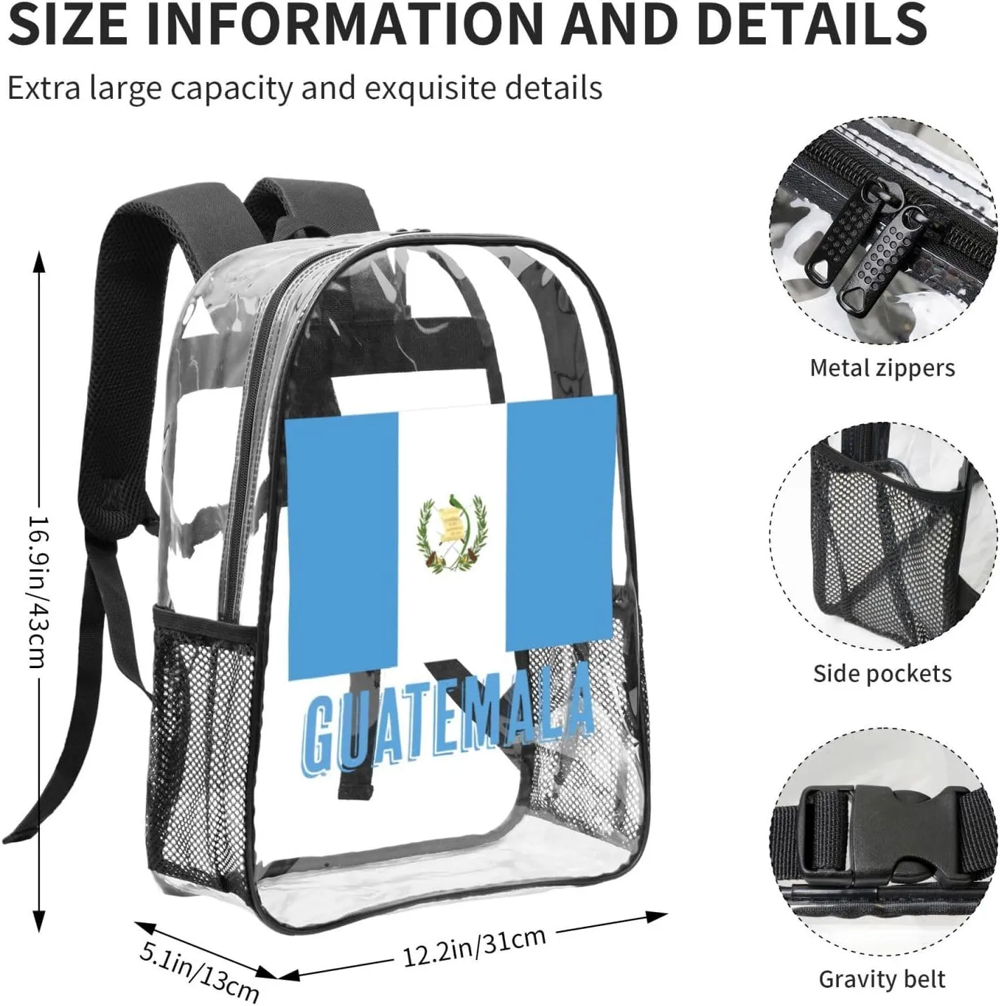 Guatemala Guatemalan Flag 16 Inch Clear PVC Backpacks Transparent Backpack Multipurpose Double Shoulder Bag for Men Women Gifts
