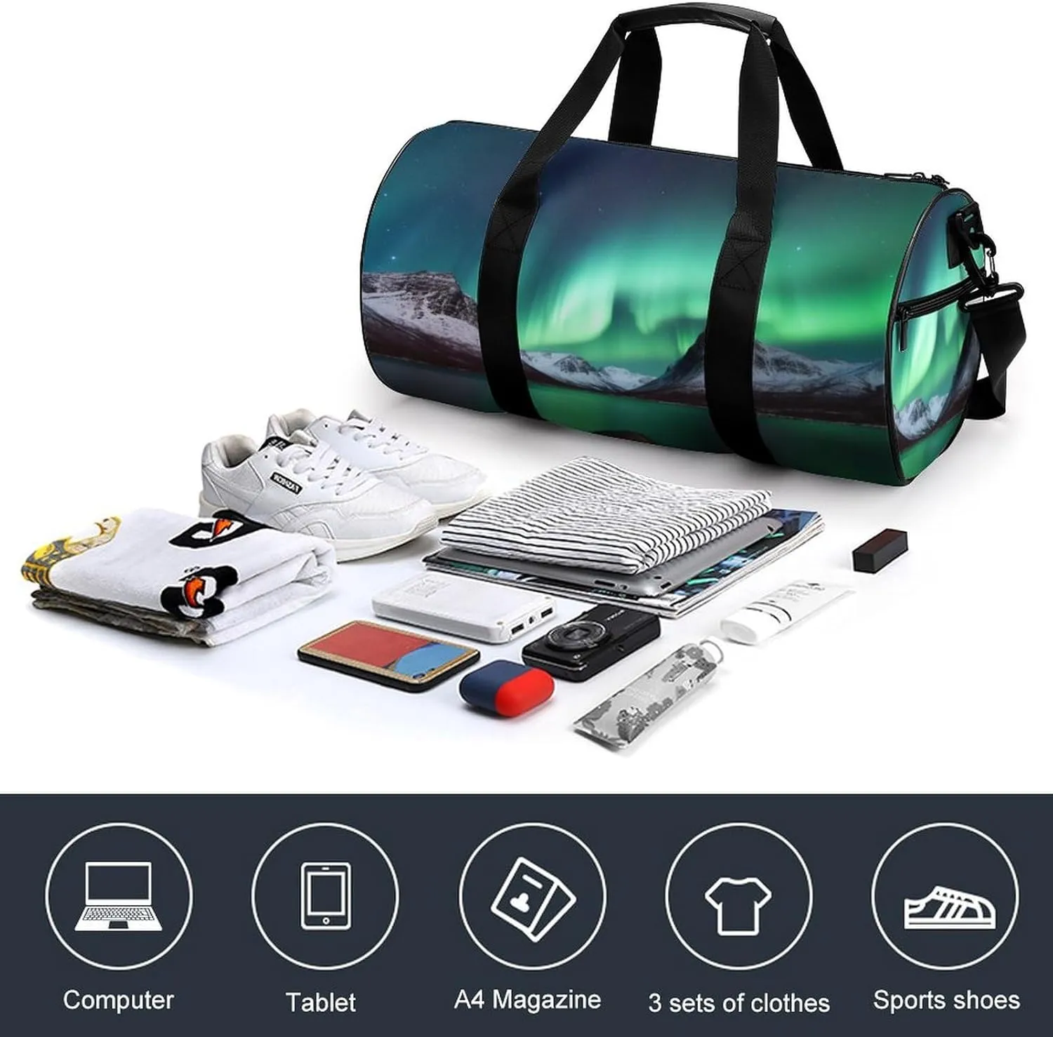 Gym Bag Aurora Borealis Duffel Bag for Men Women Overnight Bag with Shoe Compartment Workout Bags