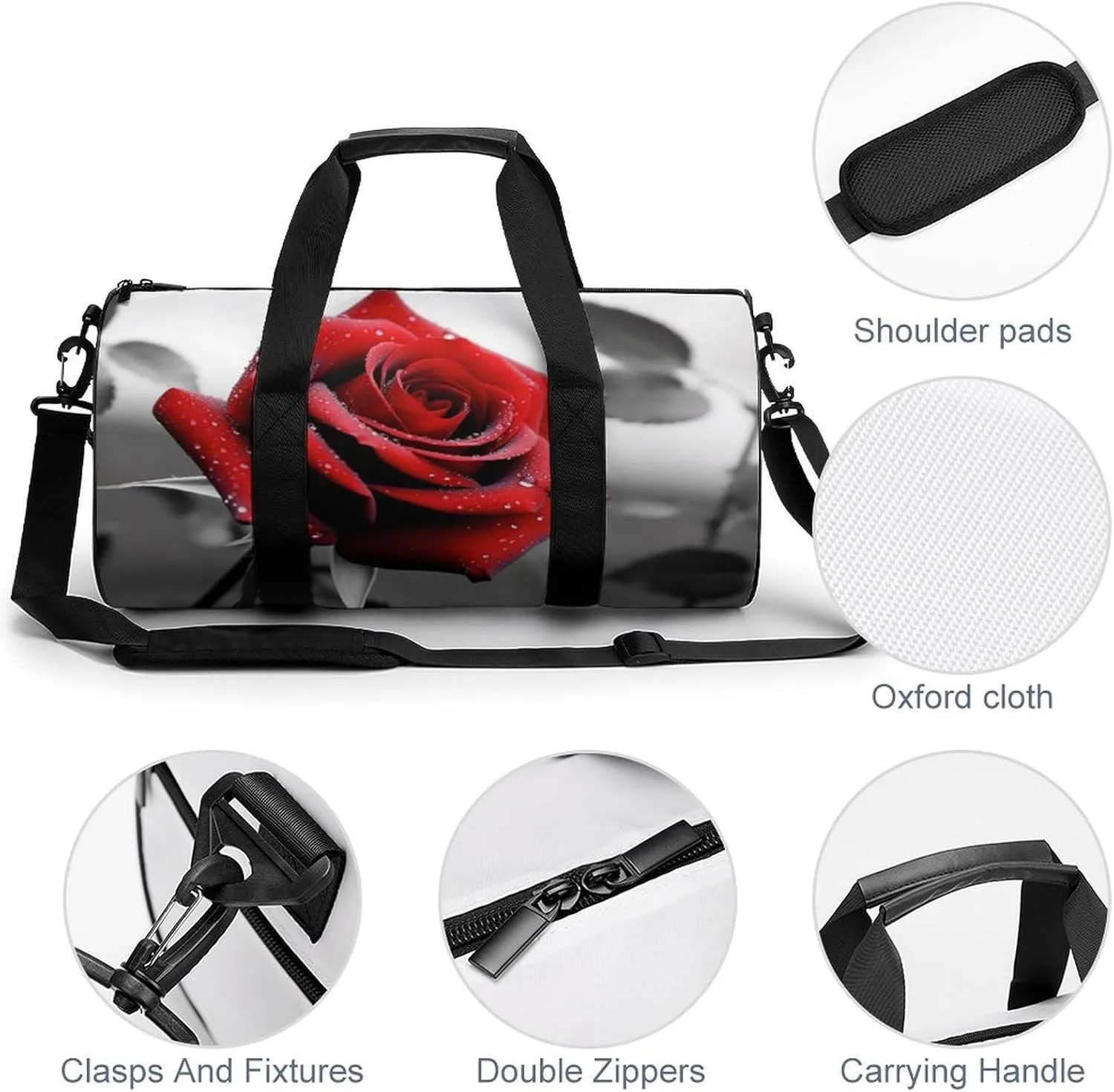 Gym Bag Black And White Red Rose Duffel Bag for Men Women Overnight Bag with Shoe Compartment Workout Bags
