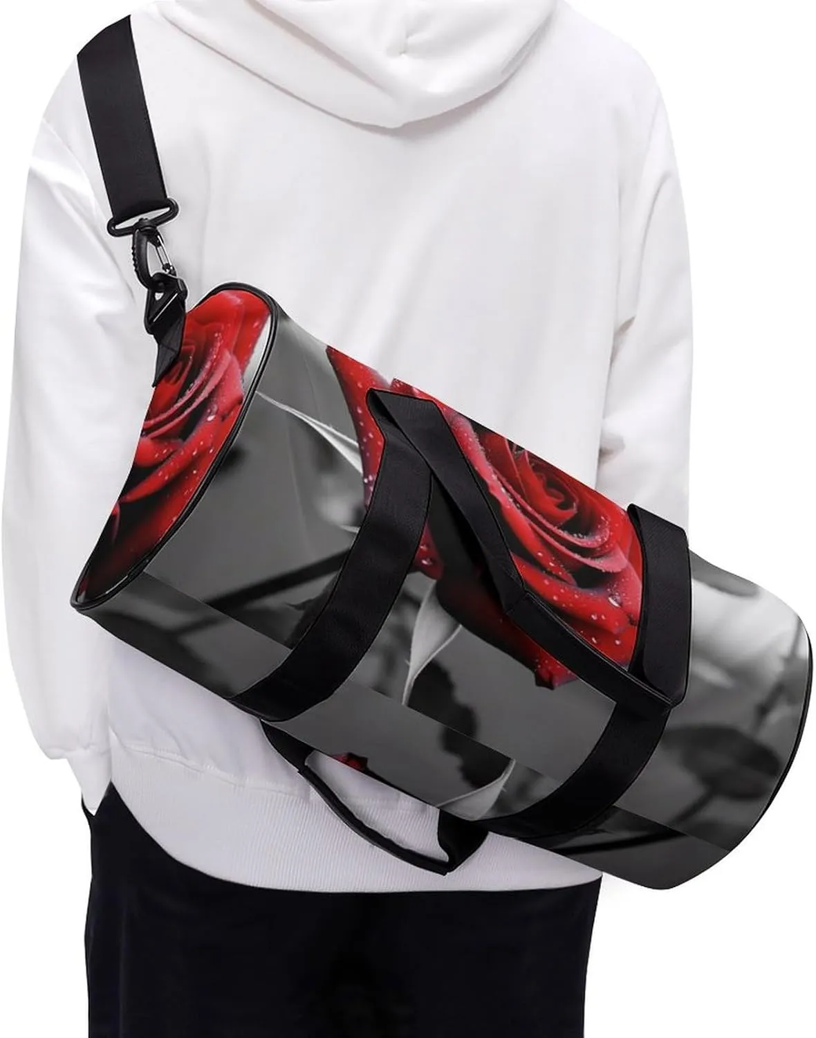Gym Bag Black And White Red Rose Duffel Bag for Men Women Overnight Bag with Shoe Compartment Workout Bags