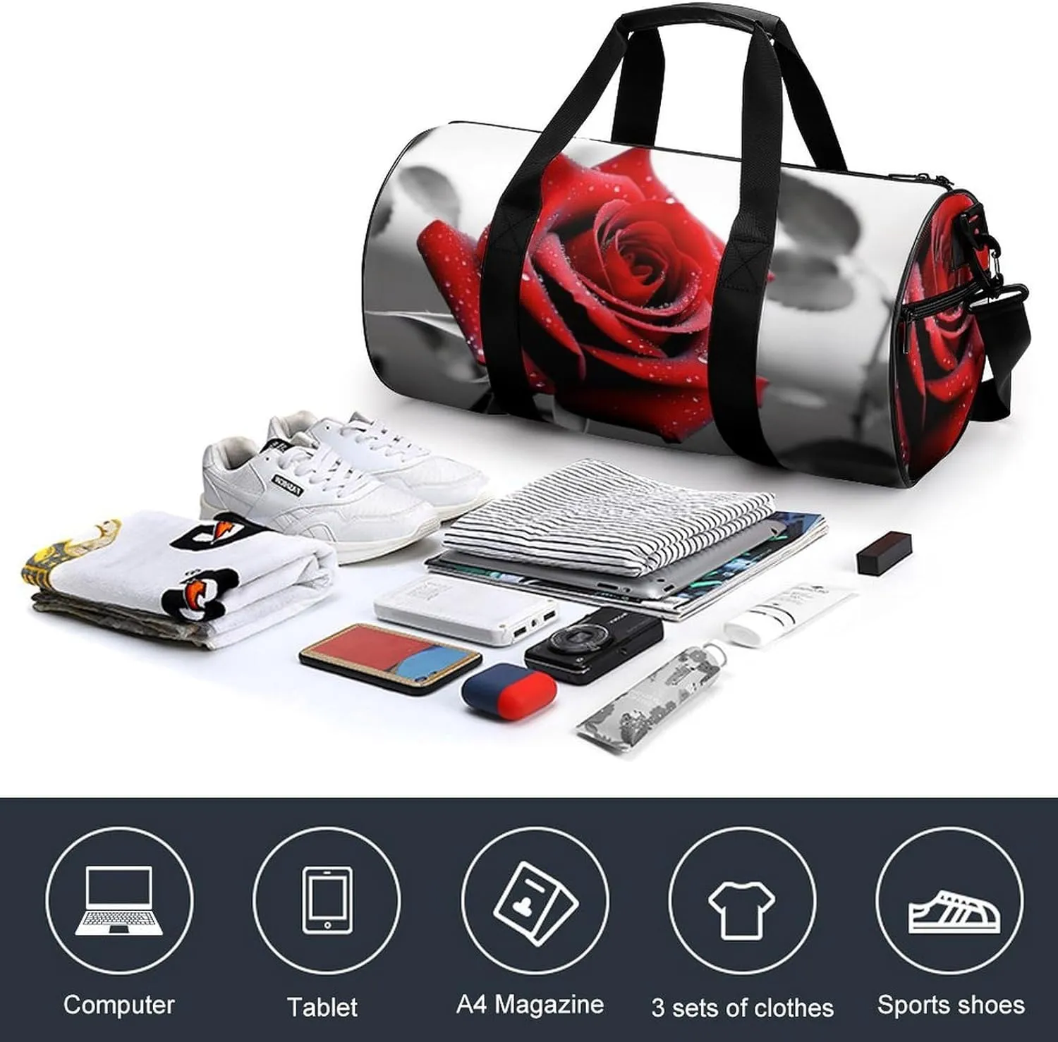 Gym Bag Black And White Red Rose Duffel Bag for Men Women Overnight Bag with Shoe Compartment Workout Bags